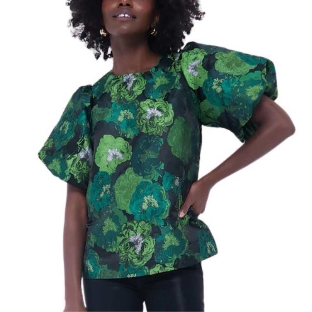 Tuckernuck Pomander Place  Green Floral Jacquard Puff Sleeve Blouse S NWOT